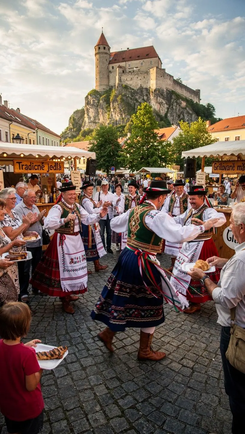 Súbor hradieb a veží stredovekého hradu na pozadí dramatických horských štítov.